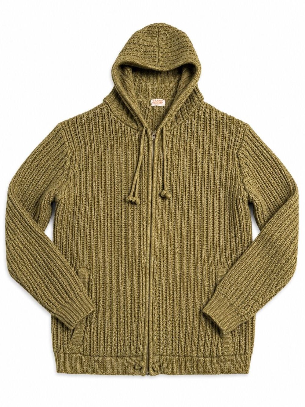 THANE Vintage 70s 80s Olive Green Chunky Knit Hooded Zip Sweater Jacket Size M